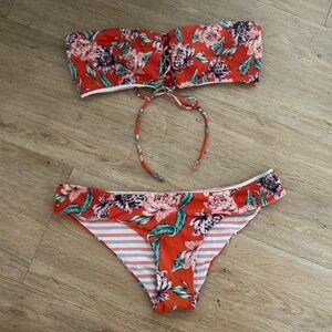 PacSun Size M Orange Floral Halter & Reversible Stripe Bikini Full Coverage